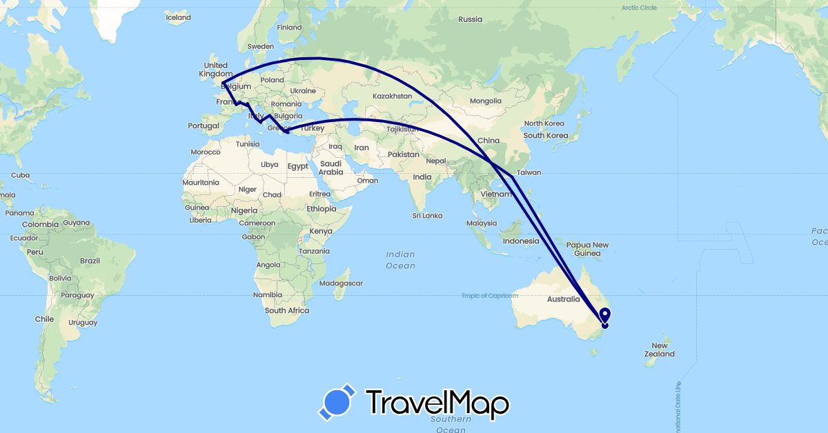 TravelMap itinerary: driving in Australia, China, France, United Kingdom, Greece, Croatia, Italy (Asia, Europe, Oceania)